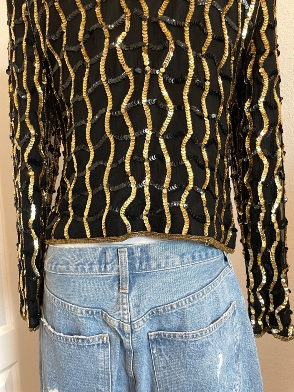 Vintage 1990s Nite Line Maximalist Black + Gold Silk Sequin Top Women’s Medium - Picture 11 of 16